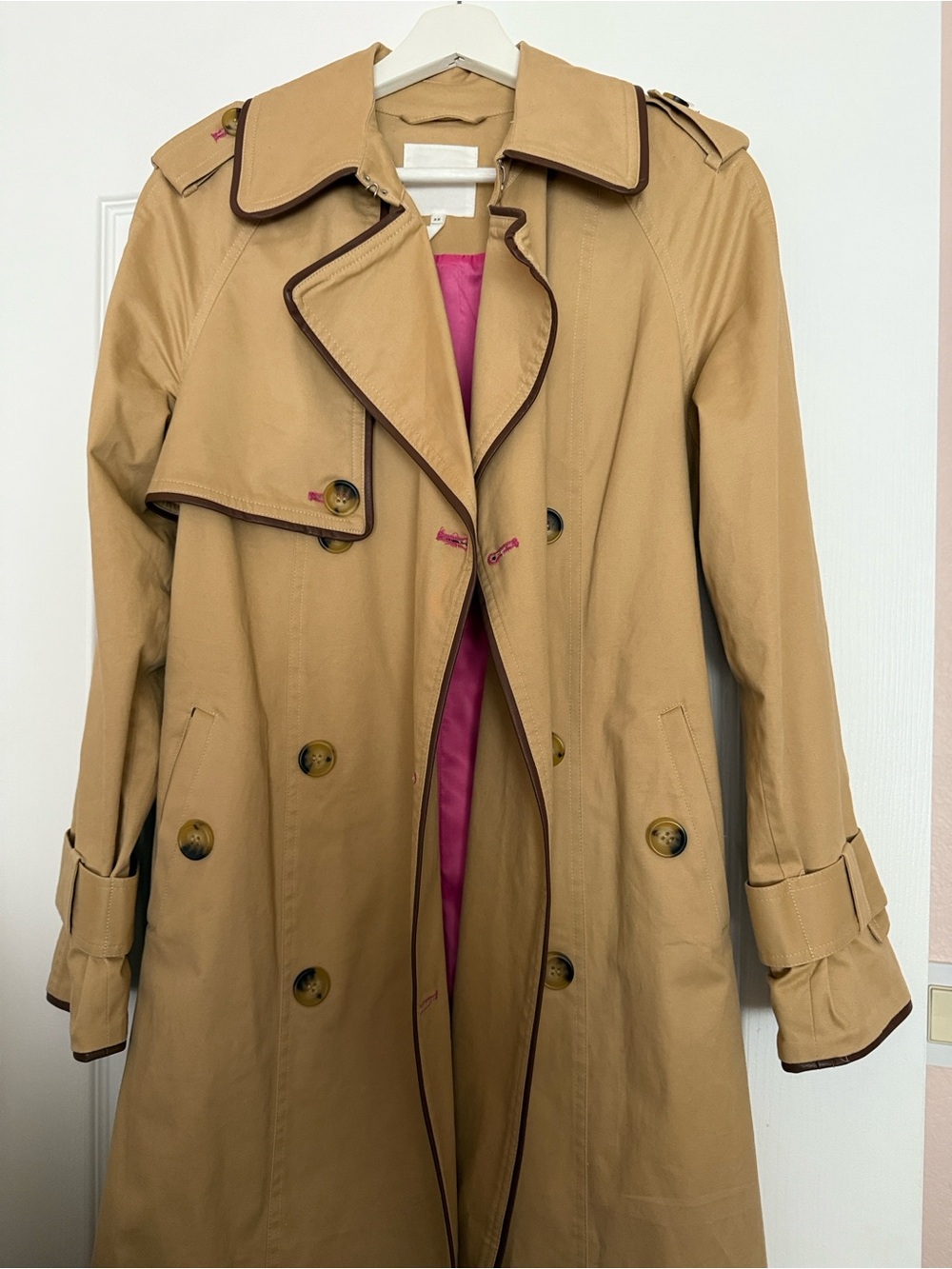 Avec Les Filles Tan Trench Coat with Pink Lining and brown leather trim XS
